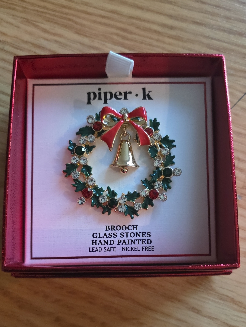 Piper•k Gold Bell Wreath Brooch with Red Bow and Green Leaves